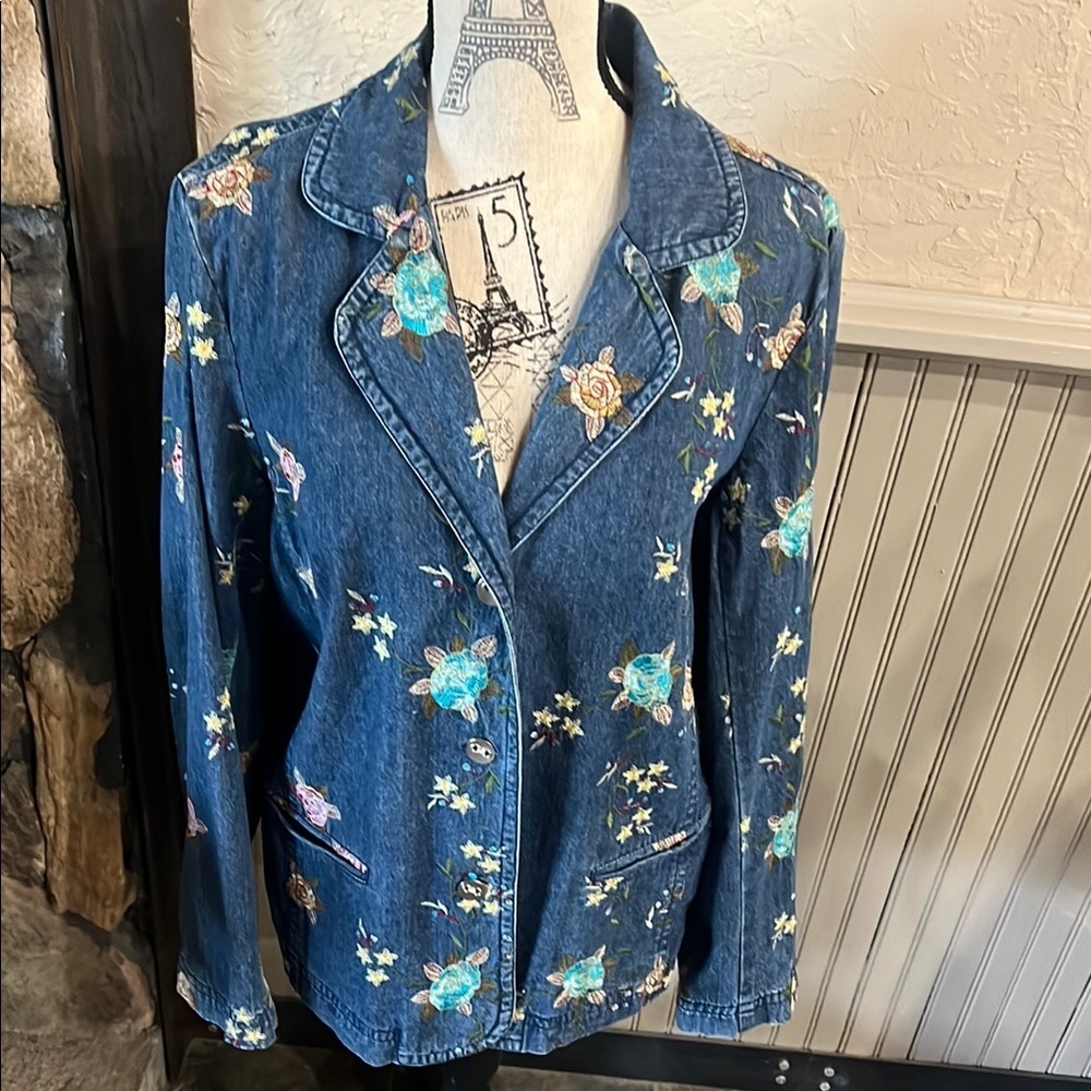 Susan Graver Blue Floral Pattern Jean Jacket